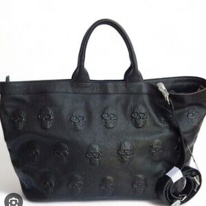 IO PELLE Italian Black Leather Embossed Skull Tote in black